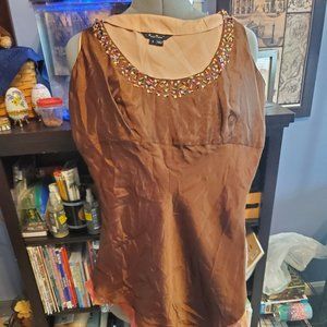 E C I New York Women's Silk and Rayon Sleeveless Beaded Tunic Top Brown Sz 4